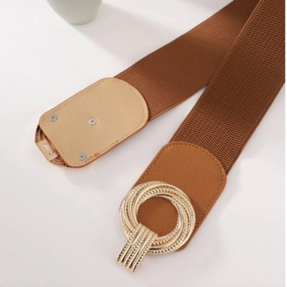 Brown Round Buckle Wide Elastic Belt - Picture 3 of 6